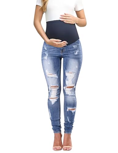 Maternity Jeans Over The Belly Slim Stretch Maternity Work Pants and Pocket - color: Light Blue, size: Large