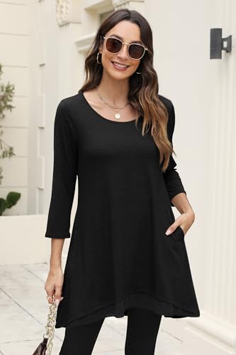 Poetsky Womens 3/4 Sleeve Tunic Tops for Leggings Long Shirts with Pockets - color: Black, size: Medium