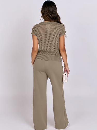 ANRABESS Women Two Piece Outfits Crochet Lounge Matching Travel Sets - color: Light Brown, size: Medium