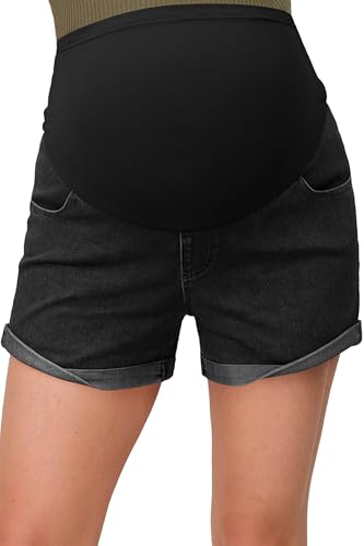 OUGES Womens Summer Maternity Denim Casual Pregnancy Shorts with Pockets - color: Black Grey, size: Medium