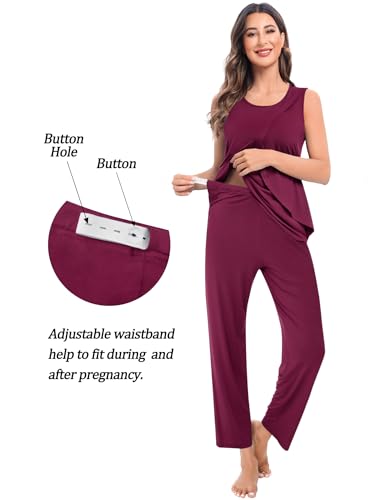 SWOMOG Maternity Nursing Robe Set 3 PCS Postpartum Breastfeeding Pajamas Hospital Pregnancy Pjs Double Layer Lounge Set - color: Burgundy, size: Medium