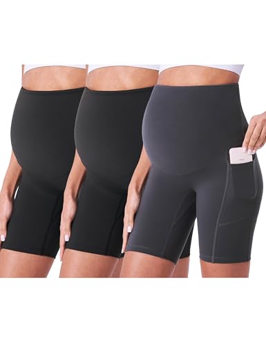 POSHDIVAH 3/4 Pack Maternity Biker Shorts Over The Belly with Pockets 5"/8" - color: Black/Black/Grey 8", size: Medium