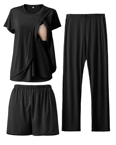 Rnxrbb 3 Piece Postpartum Nursing Pajamas Set Maternity Breastfeeding Pjs - color: Black, size: Large