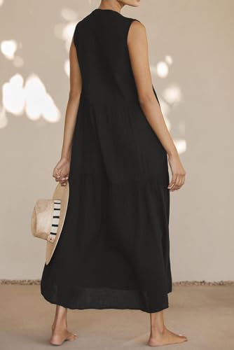 R.Vivimos Womens Summer Cotton Button V Neck Maxi Dress - color: Black, size: Medium