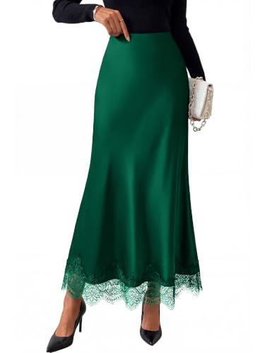BTFBM Lace Trim Satin Skirts for Women Elegant - color: Dark Green, size: Small