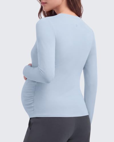 G4Free Lyocell Maternity Shirts Long Sleeve Button Front Henley Neck Ruched - color: Light Denim, size: Small