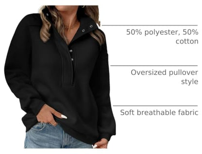 BLENCOT Women Mock Neck Sweatshirt Oversized Long Sleeve Henley Shirts - color: Black, size: Medium