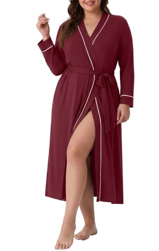 OLRIK Womens Plus Size Robe Long Knit Bathrobe V Neck Loungewear - color: Wine Red, size: 3X
