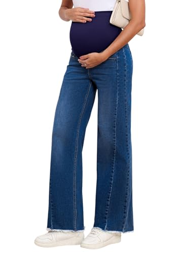 BLENCOT Women Maternity Jeans Bootcut Straight Leg Stretchy Denim Pants - color: Bluing, size: Medium