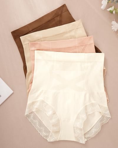 Women's Underwear 4 Pack High Waisted Tummy Control Ladies Panties with Lace Comfortable Briefs Full Coverage - size: Large