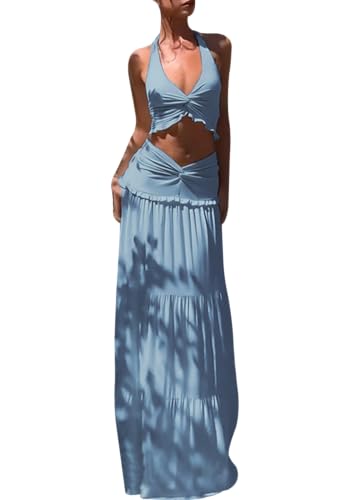 Famnbro Womens 2 Piece Skirt Sets Y2k Halter Top Flowy Ruffle Maxi Skirts - color: Blue, size: Small