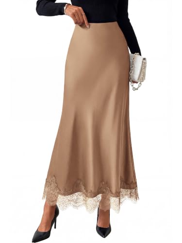 BTFBM Lace Trim Satin Skirts for Women Elegant - color: Coffee, size: Medium