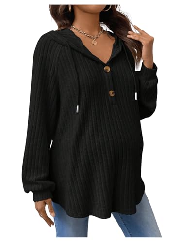 BEAUDRM Women's Maternity Half Button Sweatshirts Long Sleeve Ribbed Knit Pregnancy Shirt Spring Clothes - color: Black, size: X-Large