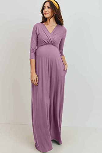 LaClef Women's Wrapped Ruched Maternity Dress with Pocket - color: Mauve, size: Large