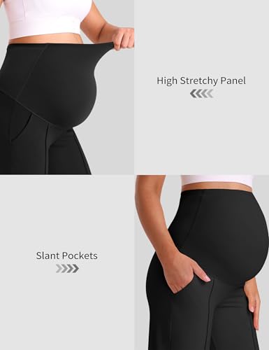 Mama Land Maternity Work Dress Pants, Stretchy Wide Leg with Pockets - color: Black, size: Medium Petite