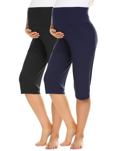 Ekouaer 2 Pack Maternity Capris Pregnancy Cropprd Pants Summer Shorts - color: Black/Navy Blue, size: Small