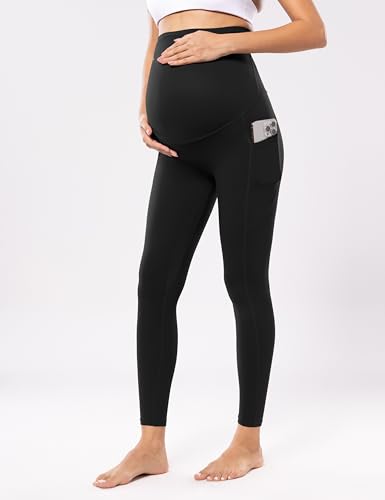 POSHDIVAH Maternity Workout Leggings with Pockets Ultra Soft Yoga Pants - color: Black, size: Large