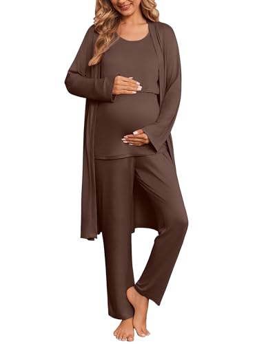 Maternity Sets Labor and Delivery Gown Postpartum Essentials Nursing Pajama - color: Coffee Brown, size: Small