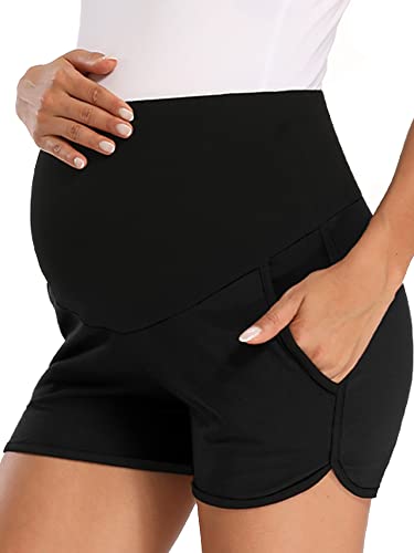 fitglam Women's Maternity Shorts Over Belly Pregnancy Lounge Workout Running Pajama Sleep Shorts with Pockets - color: A01 Black, size: XX-Large