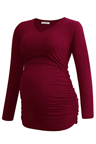 Smallshow Women's V-Neck Maternity Shirt Clothes Long Sleeve Ruched Pregnancy Top - color: Army Green-wine-white Stripe(3 Pack), size: Large