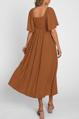 PRETTYGARDEN Women's Summer Bow Tie V Neck Midi Dresses - color: Brown, size: Small