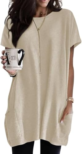 Poetsky Summer Womens Tunic Tops for Leggings with Pockets Short Sleeve Casual Long T Shirts S-3XL - color: Apricot, size: X-Large