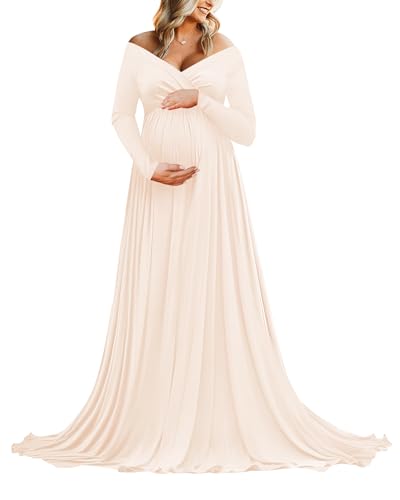 Saslax Off Shoulder Maternity Maxi Dress for Photoshoot - color: Champagne, size: X-Large