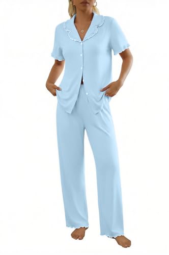 Ekouaer Womens Pajama Sets Short Sleeve Printed PJs Button Down Sleepwear - color: Light Blue, size: Large