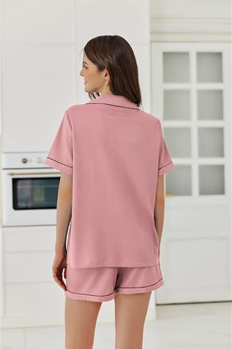 Ekouaer Womens Waffle Knit Pajama Sets Soft Short Sleeve Button Up Pjs - color: Old Rose, size: Small
