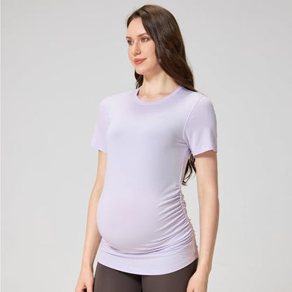 netdraw Buttery Soft Bamboo Viscose Maternity T Shirt, Pregnancy Short Sleeve Side Ruched Casual Tops - color: Iris, size: Medium