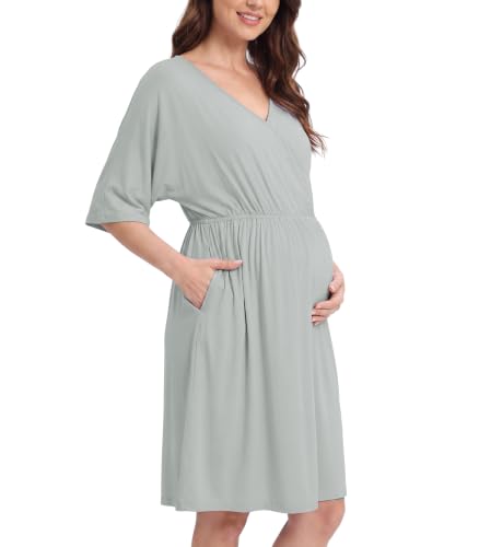 3 in 1 Labor/Delivery/Hospital Gown Bamboo viscose Maternity Dress Nursing Nightgown Sleepwear with Pockets S-XXL - color: Cameo Green, size: Medium