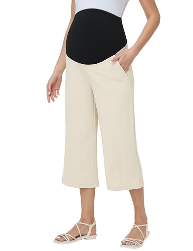 Maternity Capris Wide Leg Pregnancy Cropped Pants - color: Beige, size: Small