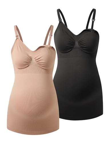 HOFISH Multi‑Pack Maternity Nursing Tank Tops with Clip‑Down Shelf Bra - color: Black/Latte, size: Large