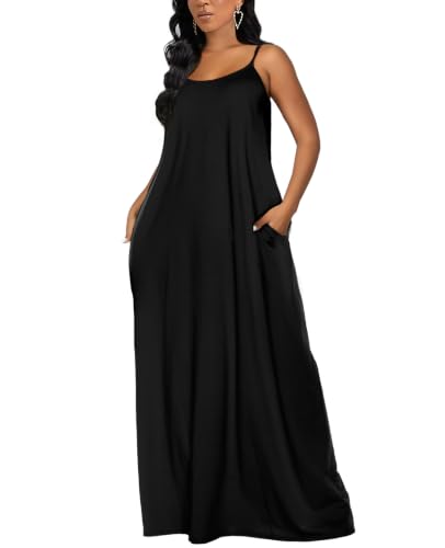 OFEEFAN Women's Maxi Dresses Summer Spaghetti Strap Dress with Pockets - color: Aablack, size: X-Large