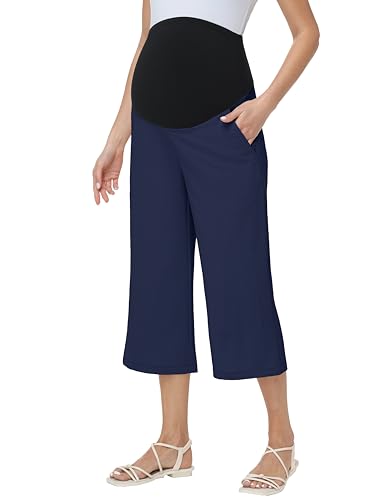 Maternity Capris Wide Leg Pregnancy Cropped Pants - color: Navy Blue, size: Large