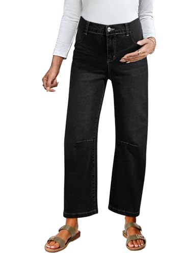 BLENCOT Maternity Jeans High Waist Barrel Wide Leg Pregnancy Denim Pants - color: P2 Black, size: Large