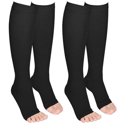 2 Pairs 20-30mmHg Knee High Compression Socks for Women, Open Toe - color: Black, size: Small