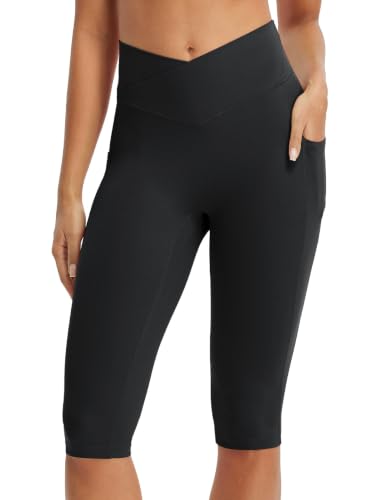 baleaf Womens Capri Leggings with Pockets V Waistband - color: Black, size: Large