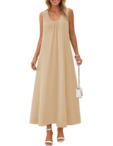 MEROKEETY Women's Summer Boho Sleeveless Ruched Maxi Dress - color: Apricot, size: Small