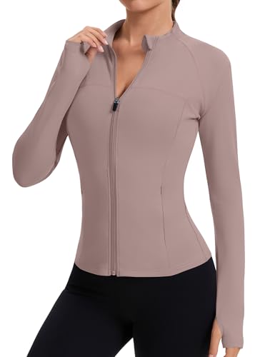Rapbin Women's Full Zip Workout jackets Runing Slim Fit Athletic Tops With Thumb Holes - color: Cream Coffee, size: Large