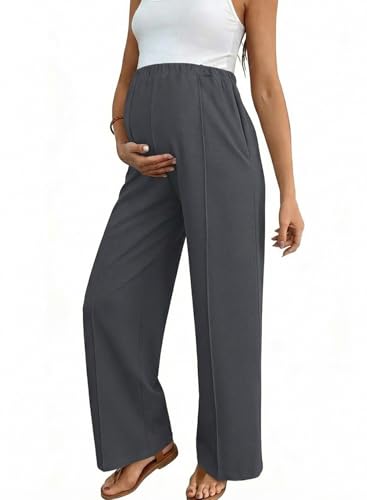 BLENCOT Women's Maternity Pants Work Adjustable Waisted Wide Leg Waffle Knit Trousers Pregnancy Clothes with Pockets - color: Carbon Grey, size: Small