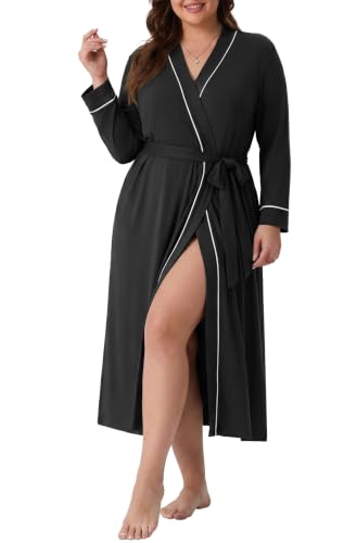 OLRIK Womens Plus Size Robe Long Knit Bathrobe V Neck Loungewear - color: Black, size: 5X