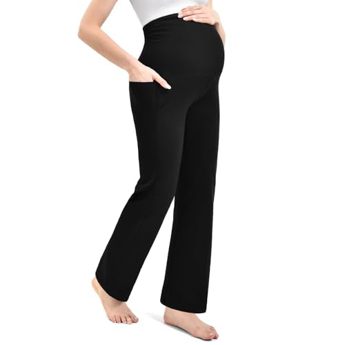 Leafigure Maternity Wide Leg Pants Over Belly with Pockets - color: Black, size: XX-Large