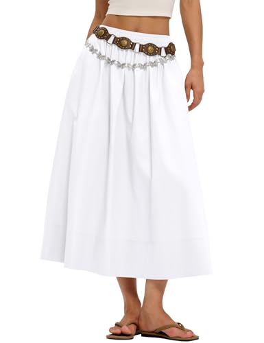 LOMON Midi Skirts for Women with Pockets A-Line Cotton Flowy Elastic Waist - color: White, size: X-Large