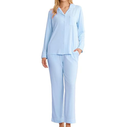 LYCY Cotton Pajamas for Women Set Long Sleeve Lounge Button Up with Pockets - color: Sky Blue, size: X-Large