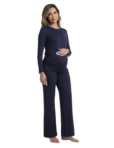 Womens Maternity Pajamas 2 Piece Set Sleepwear - color: Navy Blue, size: Large