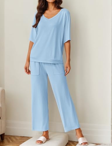 Ekouaer Lounge Sets for Women Comfy Pajamas Set 2 Piece Outfits - color: Clear Blue, size: X-Large
