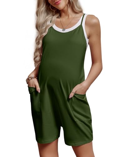 FMEYOA Maternity Romper Sleeveless Overall Shorts Jumpsuit with Pockets - color: Army Green, size: Medium
