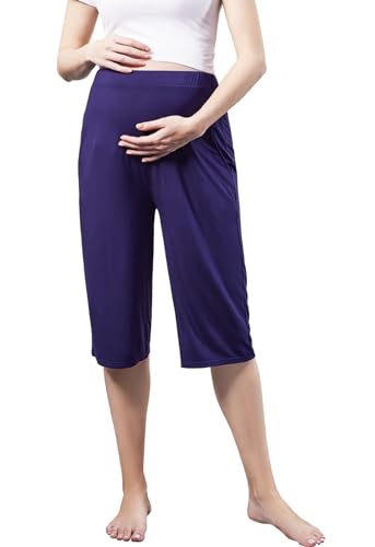 Maternity Lounge Capri Pants, Maternity Cropped Capri Pregnancy, Light Relaxed Soft Touch Trousers with Pockets - color: Navy Blue, size: Medium