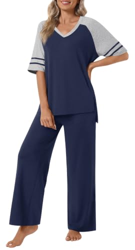 Anyhold Lounge Sets for Women Fall Pajamas Set 2 Piece Outfits - color: Navy Blue, size: Small